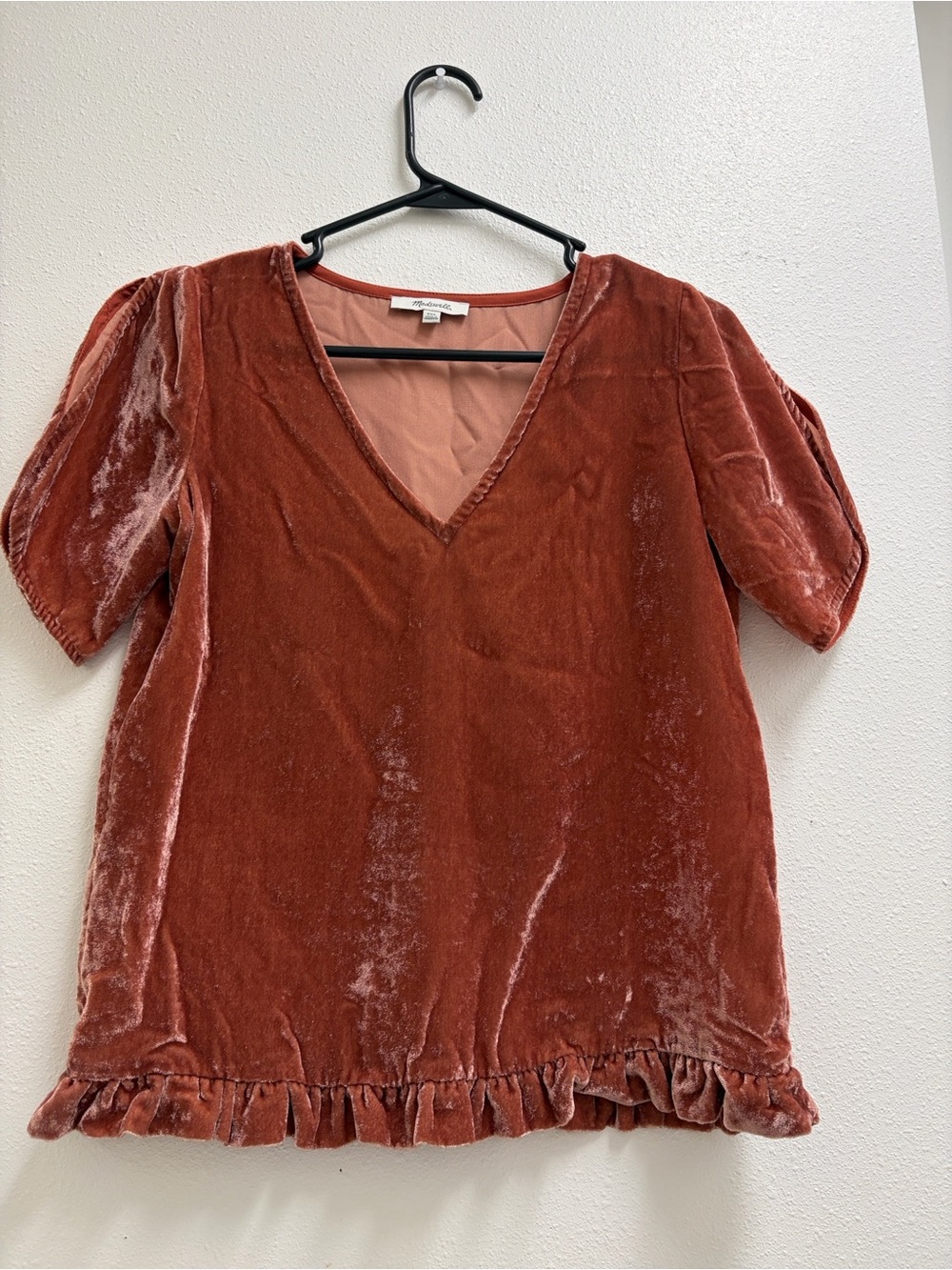 Madewell Crushed Velvet Deep V-Neck Split Sleeve Ruffle Hem Rusty Orange XXS